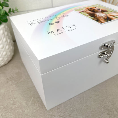 Personalised Rainbow Bridge Pet Photo White Wooden Memorial Keepsake Box - 3 Sizes