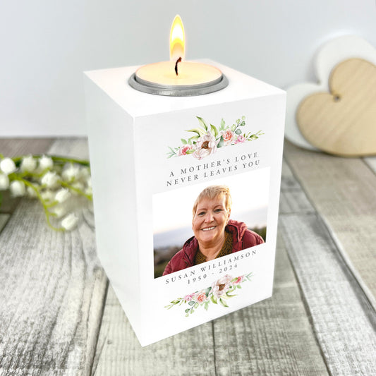 Personalised Any Message Floral White Wooden Photo Tea Light Holder