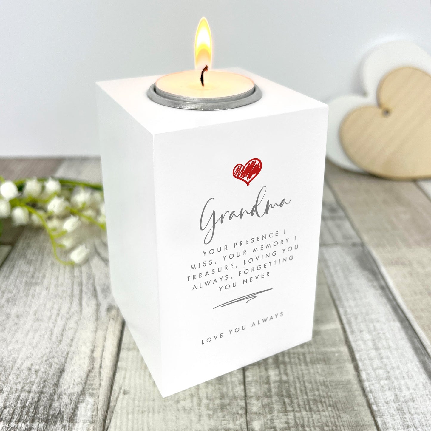 Personalised Any Message Red Heart White Wooden Tea Light Holder
