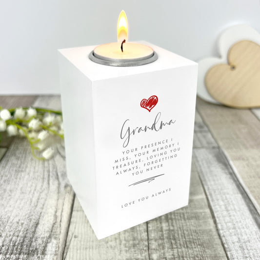 Personalised Any Message Red Heart White Wooden Tea Light Holder