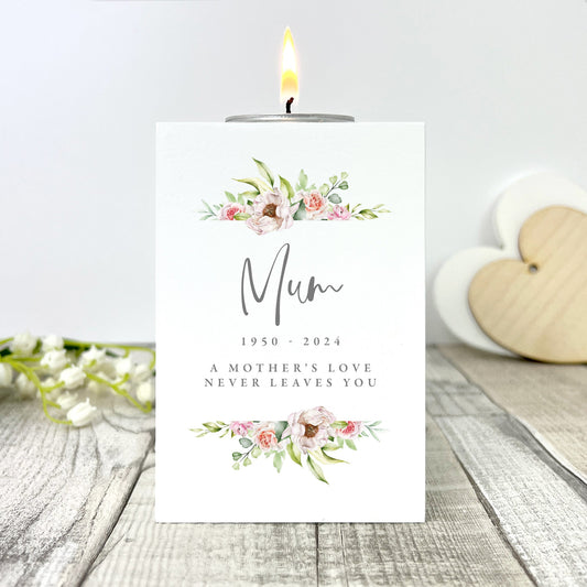 Personalised Any Message Pink Floral White Wooden Tea Light Holder
