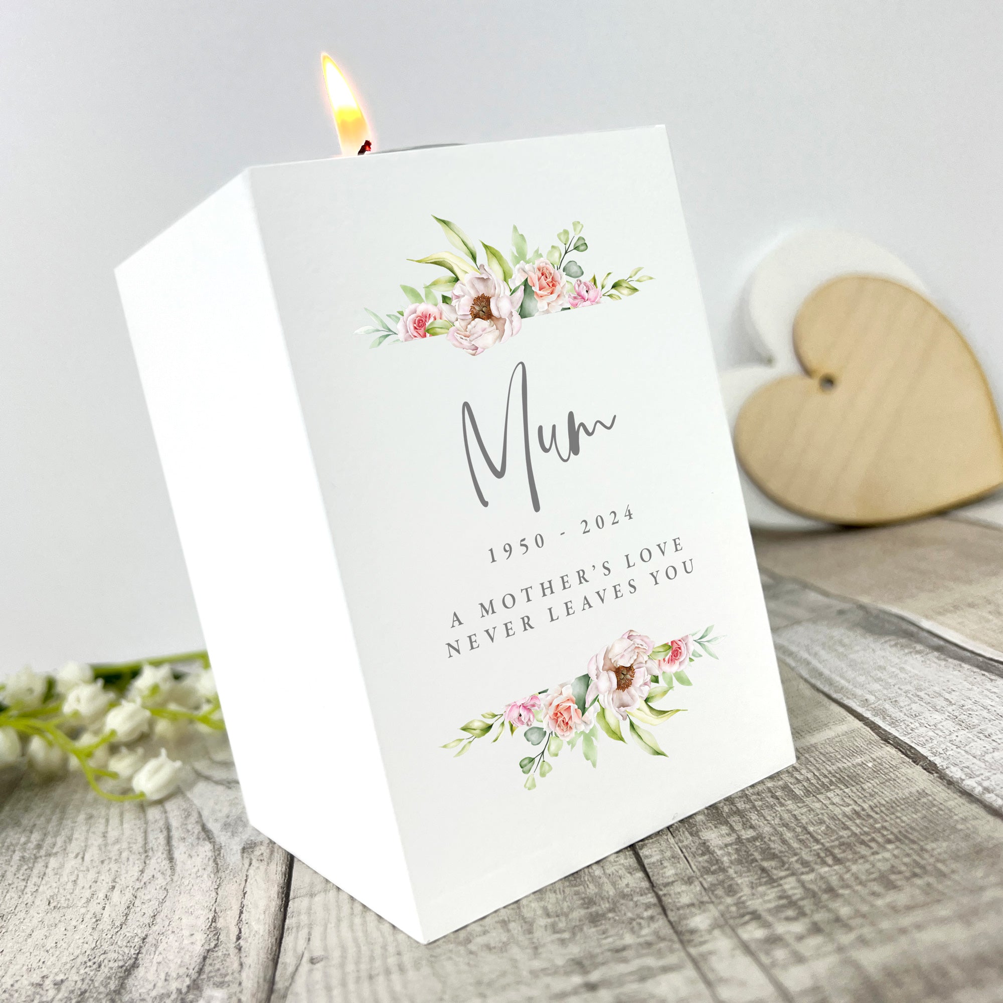 Personalised Any Message Pink Floral White Wooden Tea Light Holder