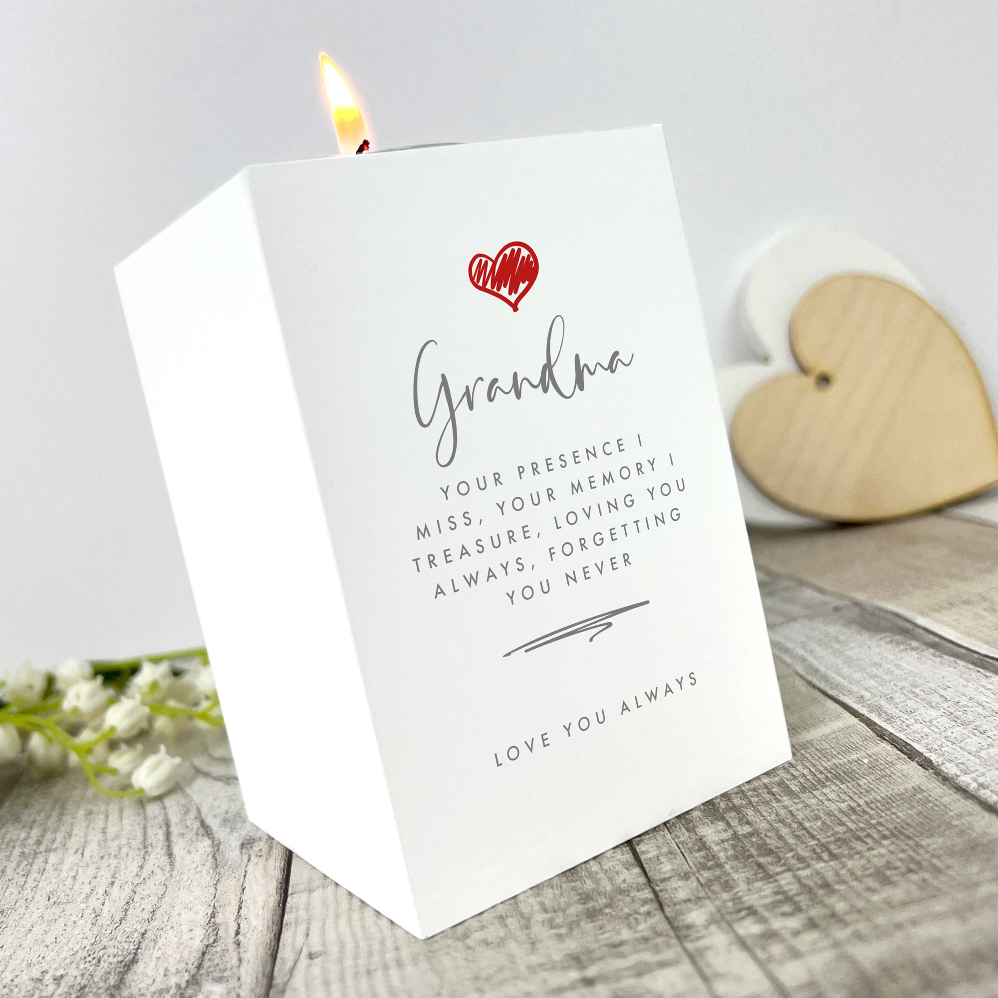 Personalised Any Message Red Heart White Wooden Tea Light Holder