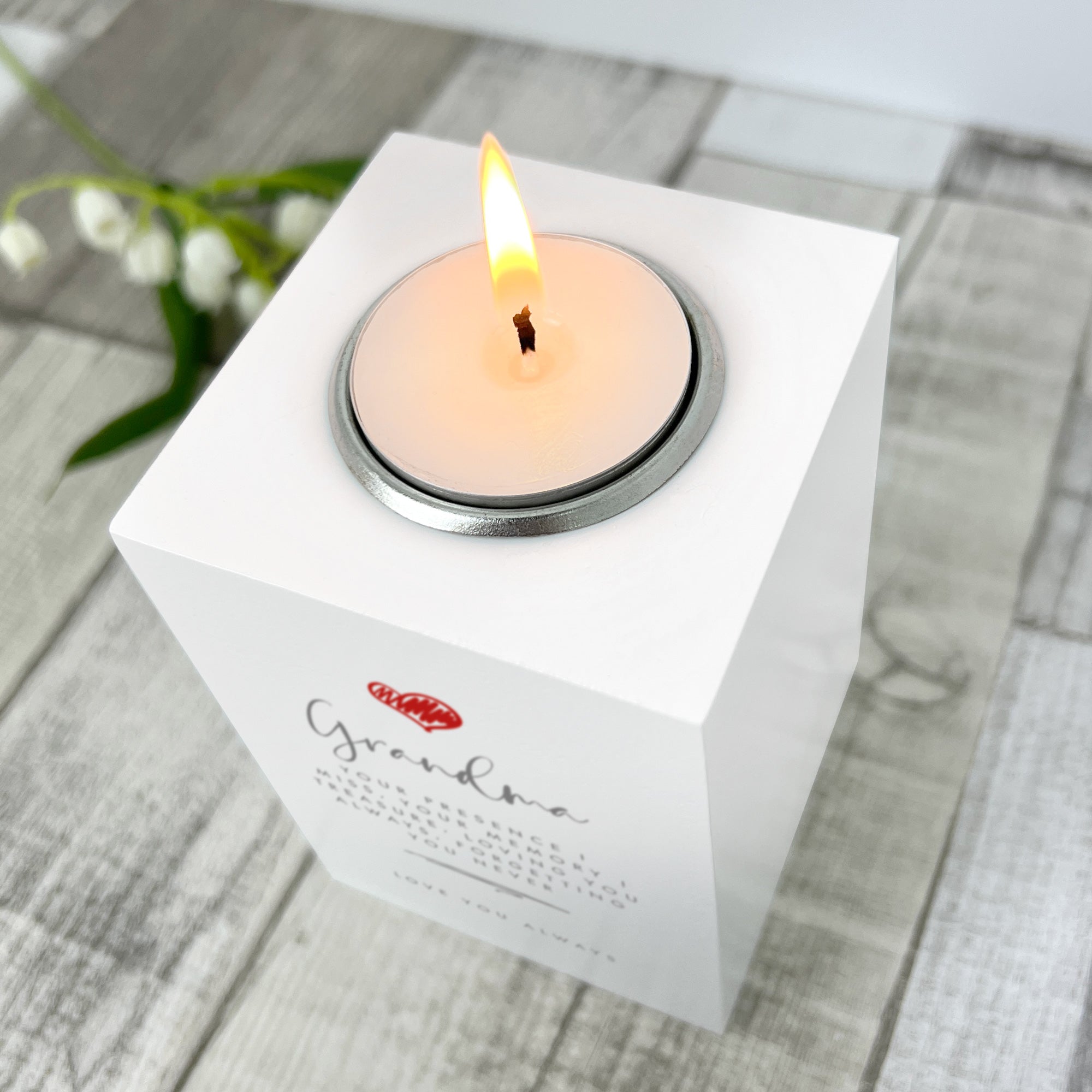 Personalised Any Message Red Heart White Wooden Tea Light Holder