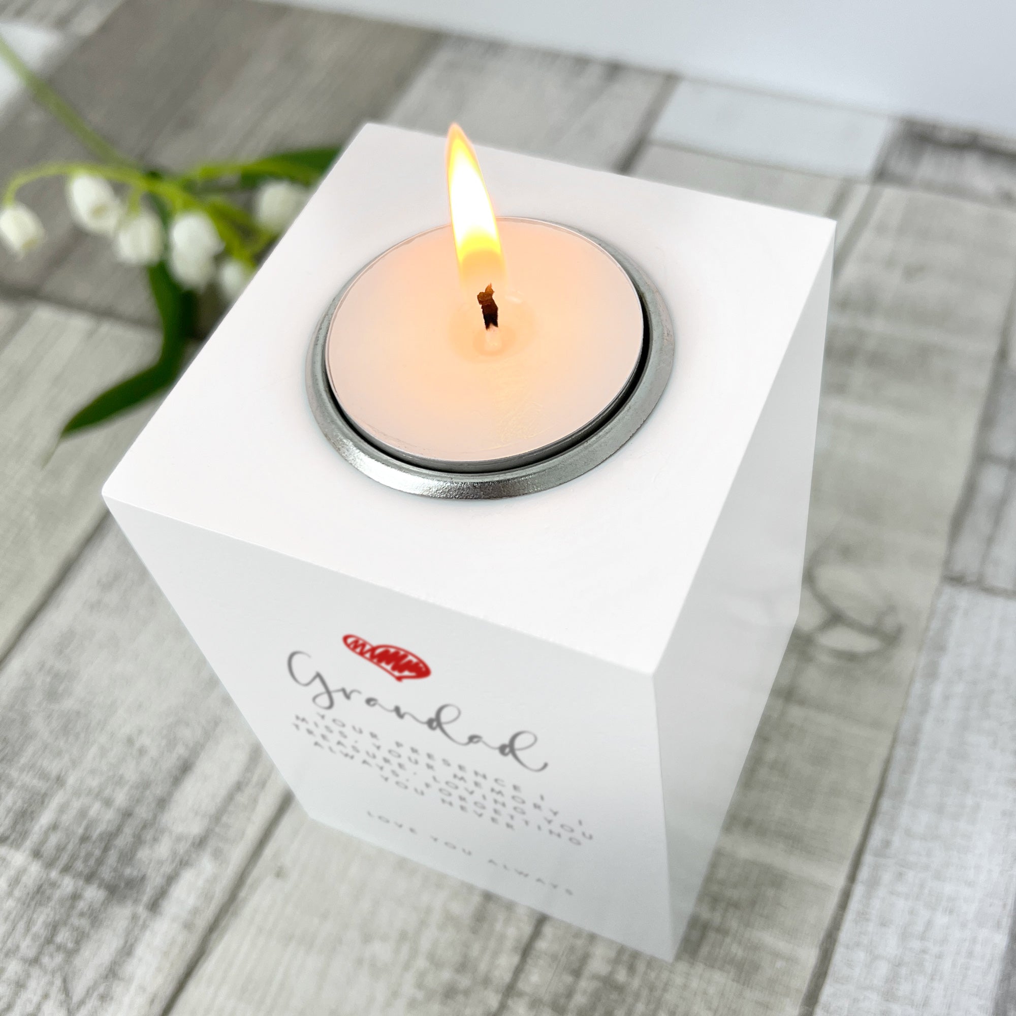 Personalised Any Message Red Heart White Wooden Tea Light Holder
