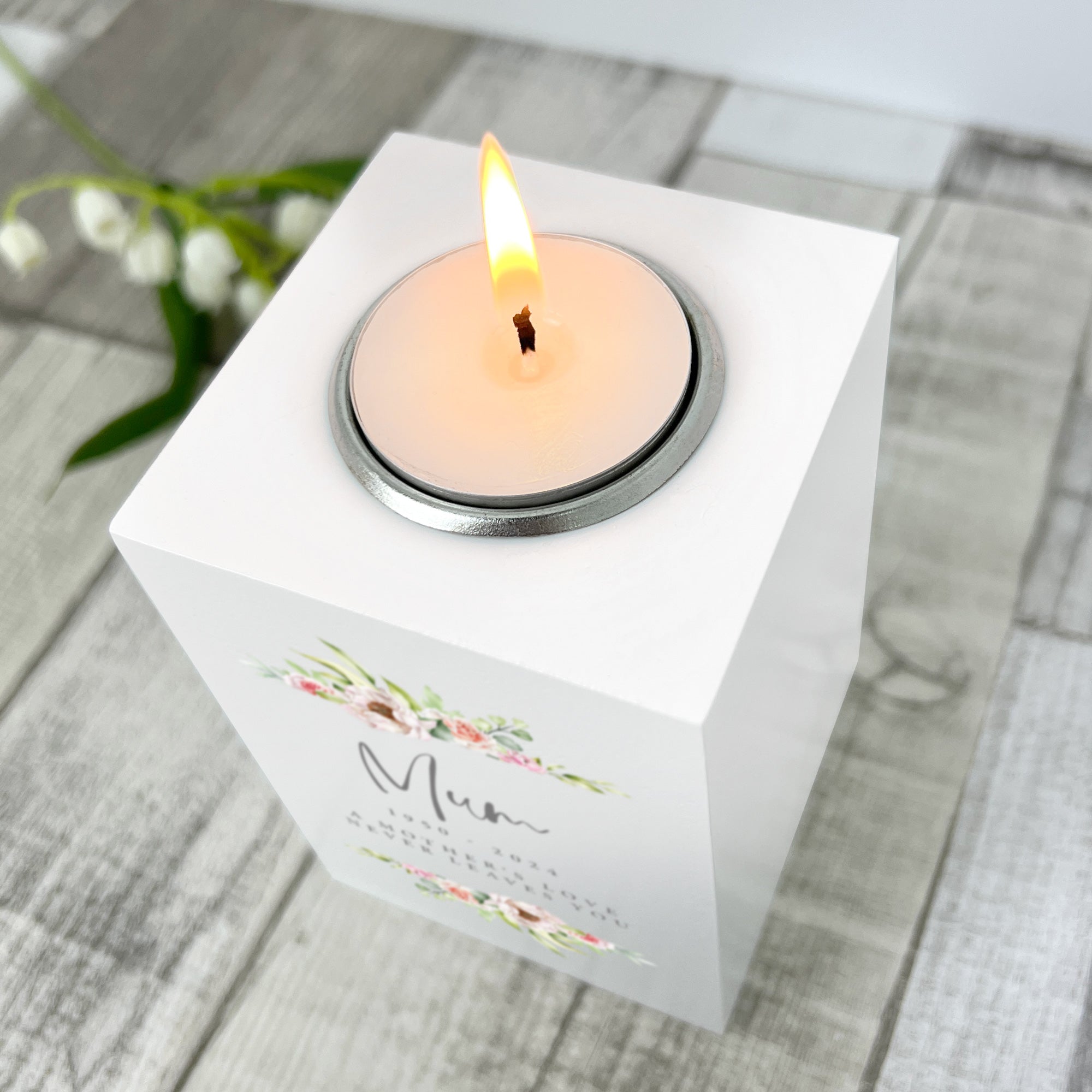 Personalised Any Message Pink Floral White Wooden Tea Light Holder