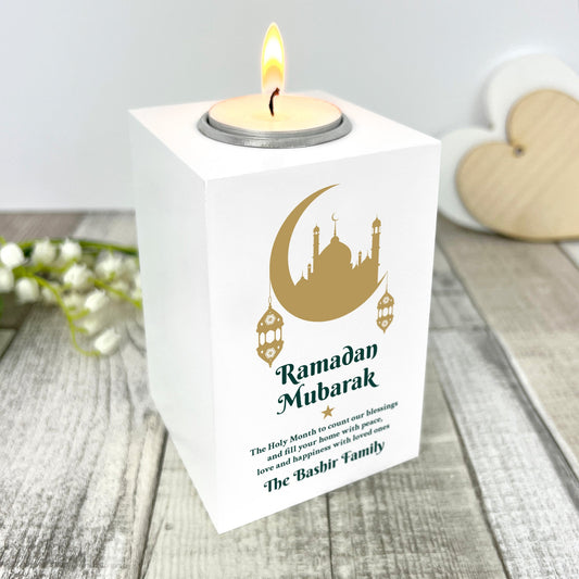 Personalised Ramadan Mubarak Crescent & Lanterns White Tea Light Holder