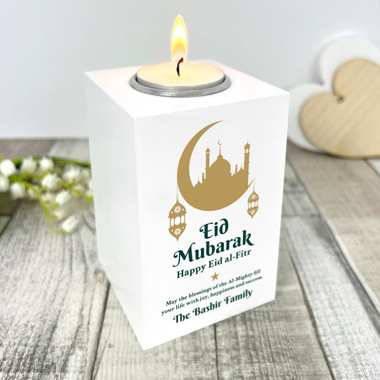 Personalised Eid al-Fitr Crescent & Lanterns White Tea Light Holder