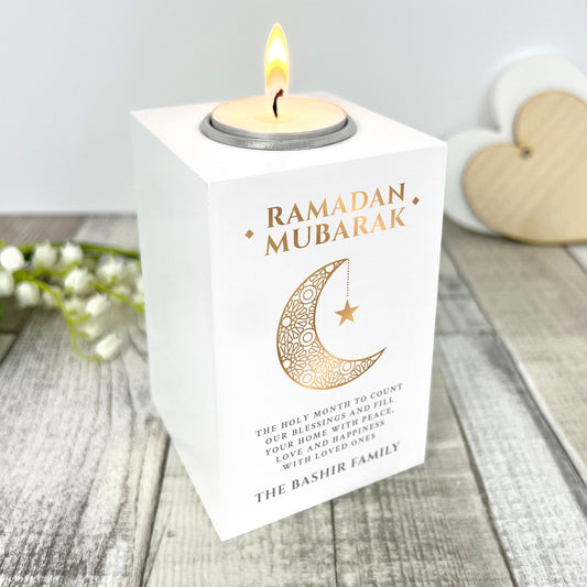 Personalised Ramadan Mubarak Crescent White Tea Light Holder