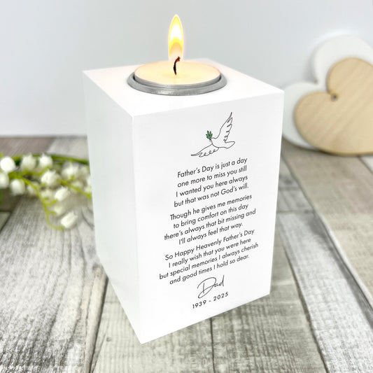 Personalised Happy Heavenly Father's Day White Tea Light Holder