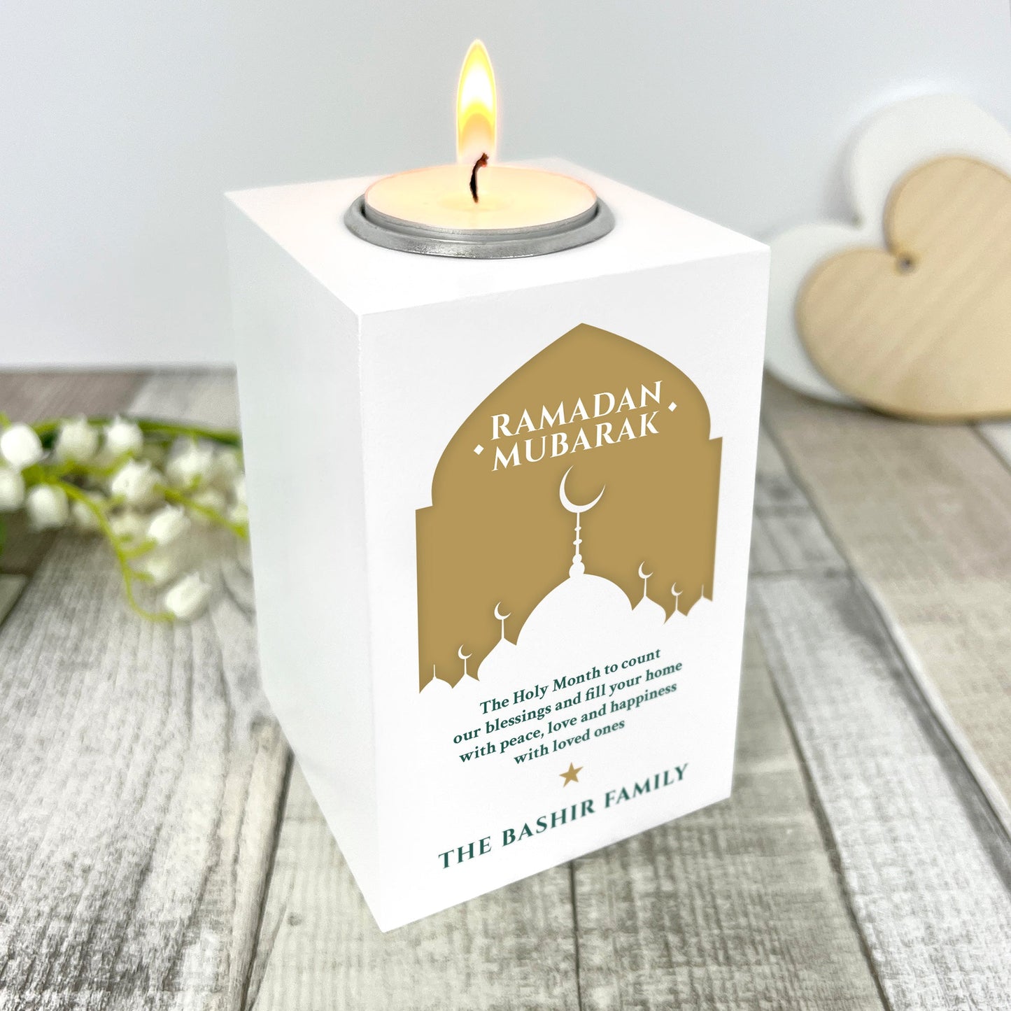 Personalised Ramadan Mubarak Mosque Silhouette White Tea Light Holder