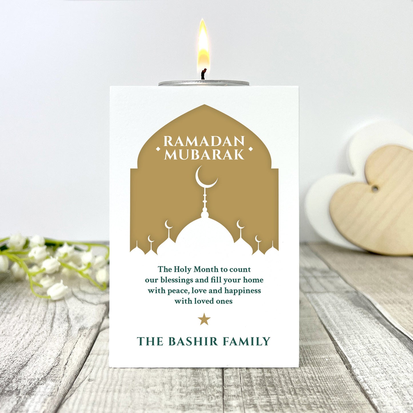 Personalised Ramadan Mubarak Mosque Silhouette White Tea Light Holder