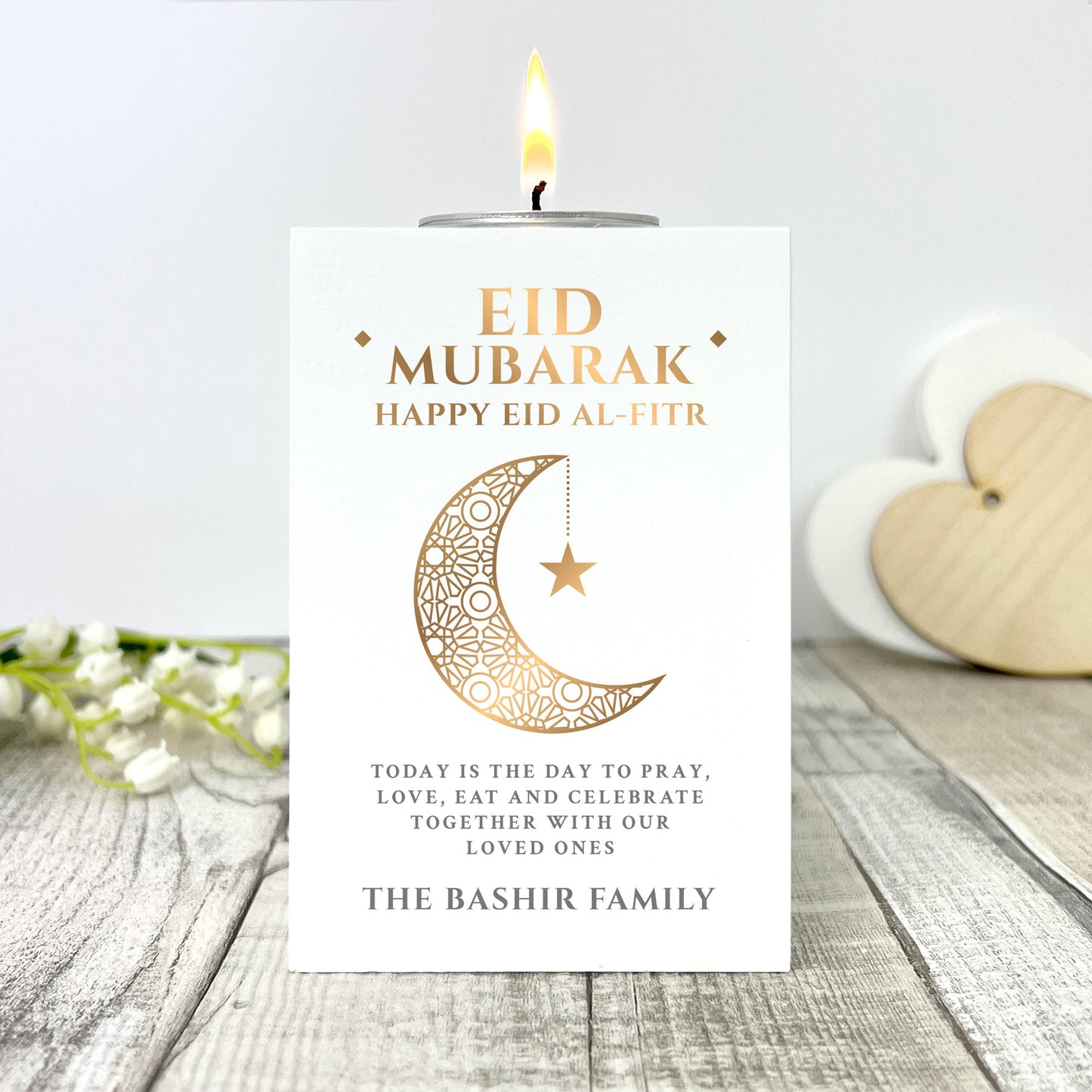 Personalised Eid al-Fitr Crescent White Tea Light Holder