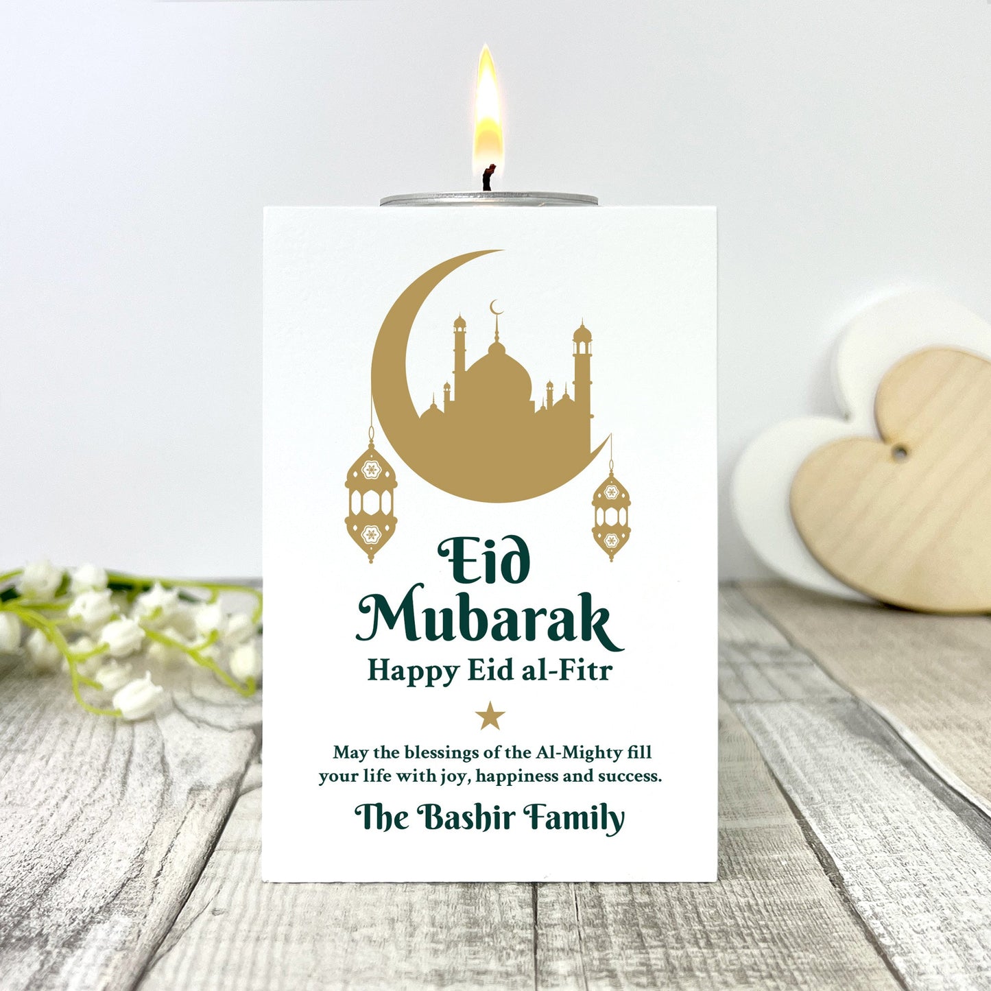 Personalised Eid al-Fitr Crescent & Lanterns White Tea Light Holder