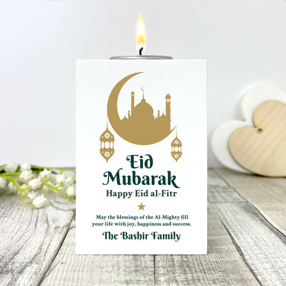 Personalised Eid al-Fitr Crescent & Lanterns White Tea Light Holder