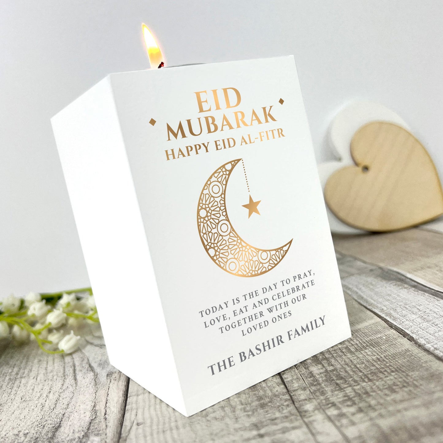 Personalised Eid al-Fitr Crescent White Tea Light Holder