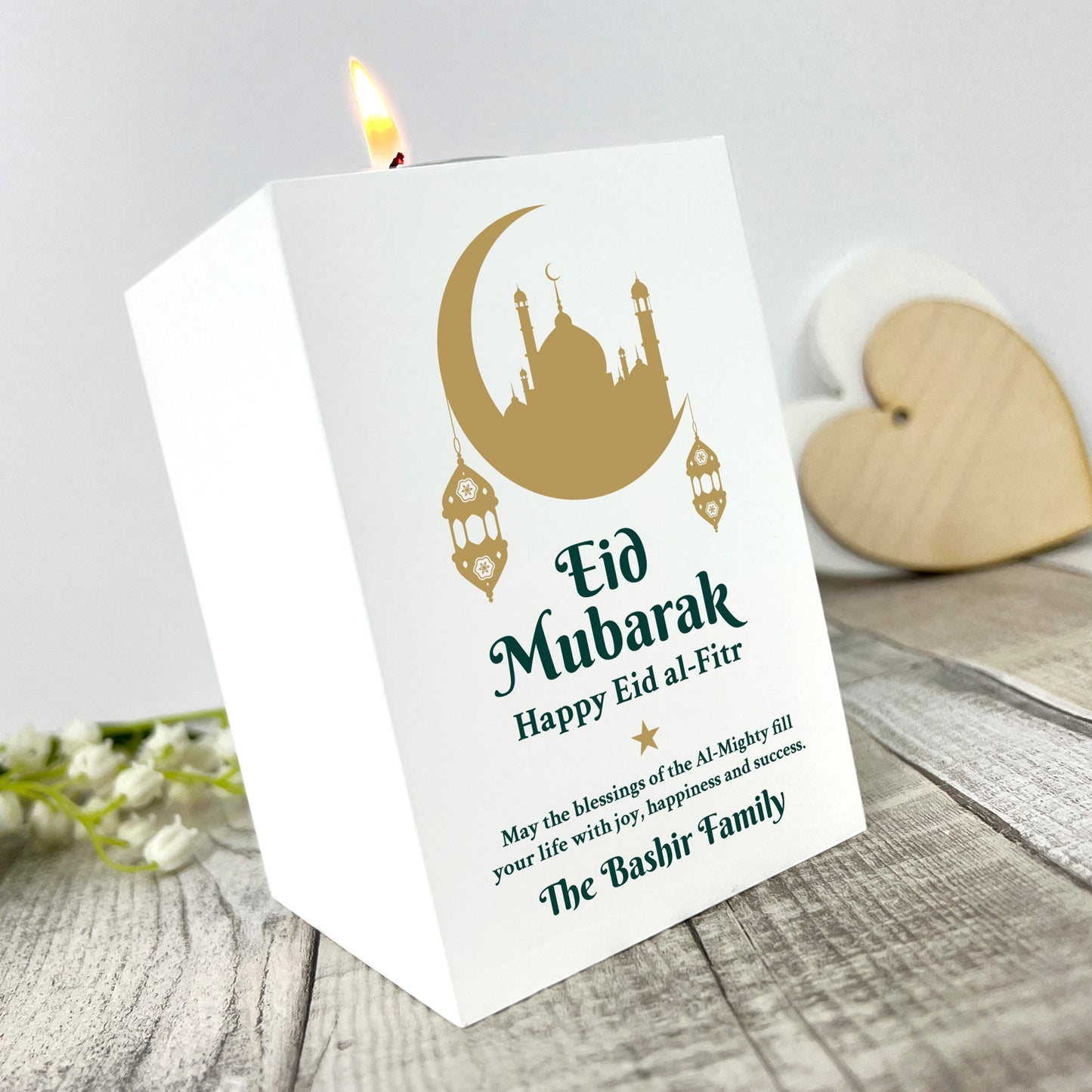 Personalised Eid al-Fitr Crescent & Lanterns White Tea Light Holder