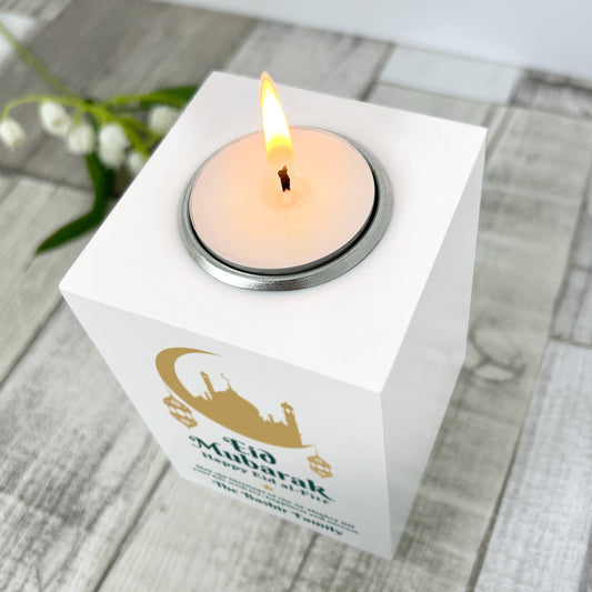 Personalised Eid al-Fitr Crescent & Lanterns White Tea Light Holder