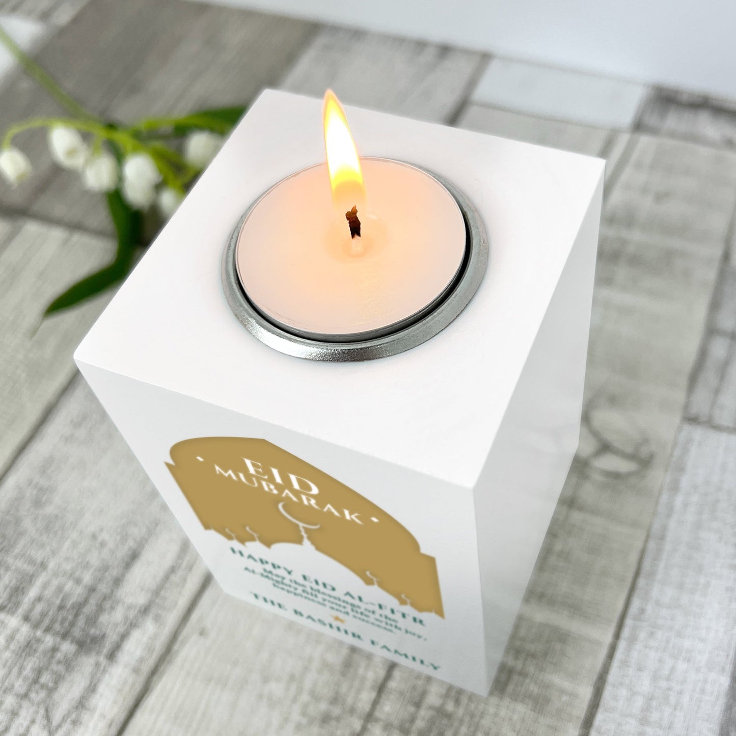 Personalised Eid al-Fitr Mosque Silhouette White Tea Light Holder