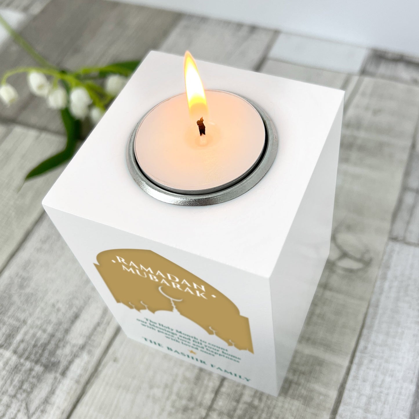Personalised Ramadan Mubarak Mosque Silhouette White Tea Light Holder