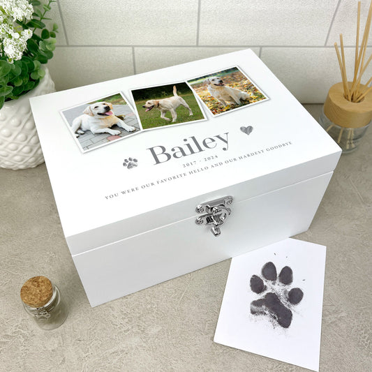 Personalised Three Photo Pet Memorial White Wooden Keepsake Box - 3 Sizes
