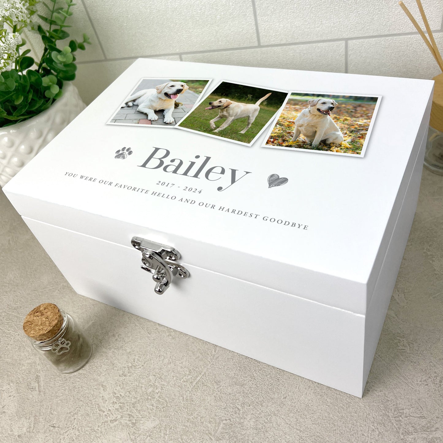 Personalised Three Photo Pet Memorial White Wooden Keepsake Box - 3 Sizes