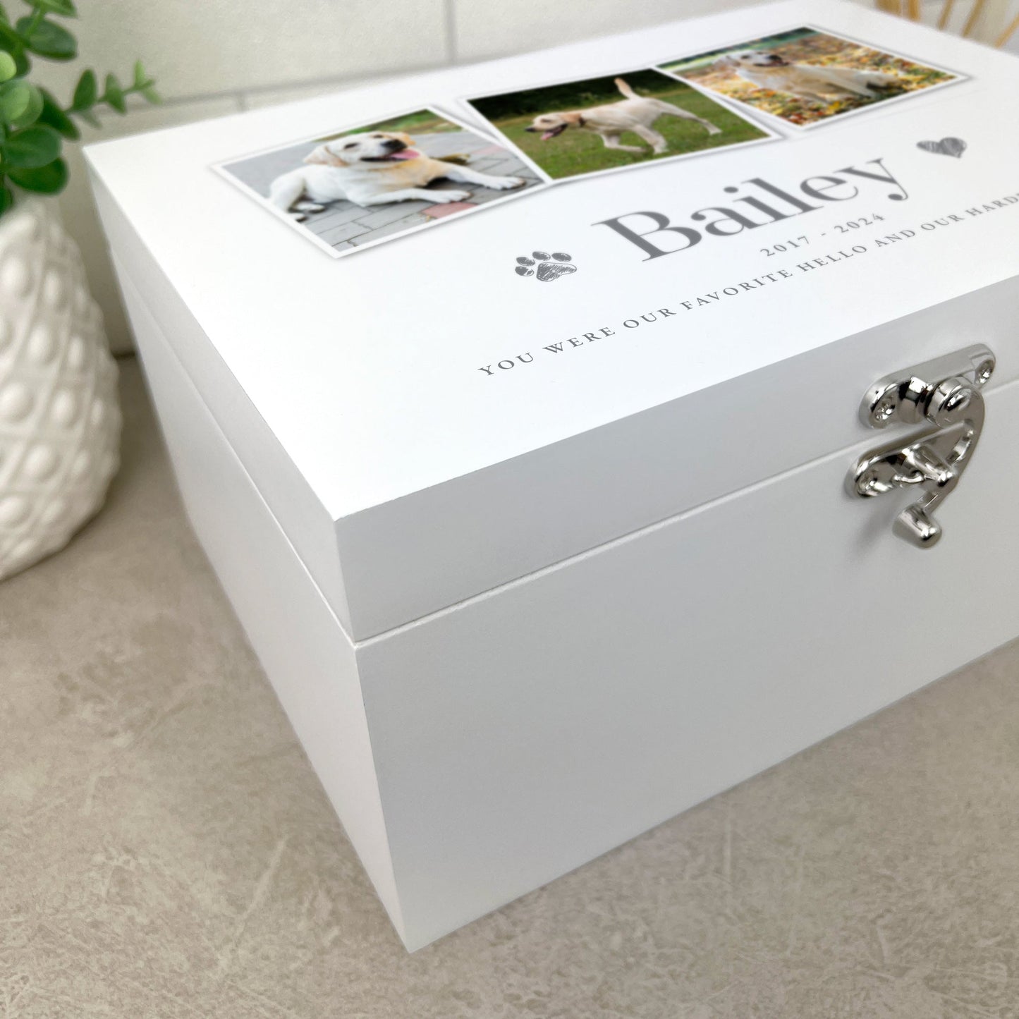 Personalised Three Photo Pet Memorial White Wooden Keepsake Box - 3 Sizes