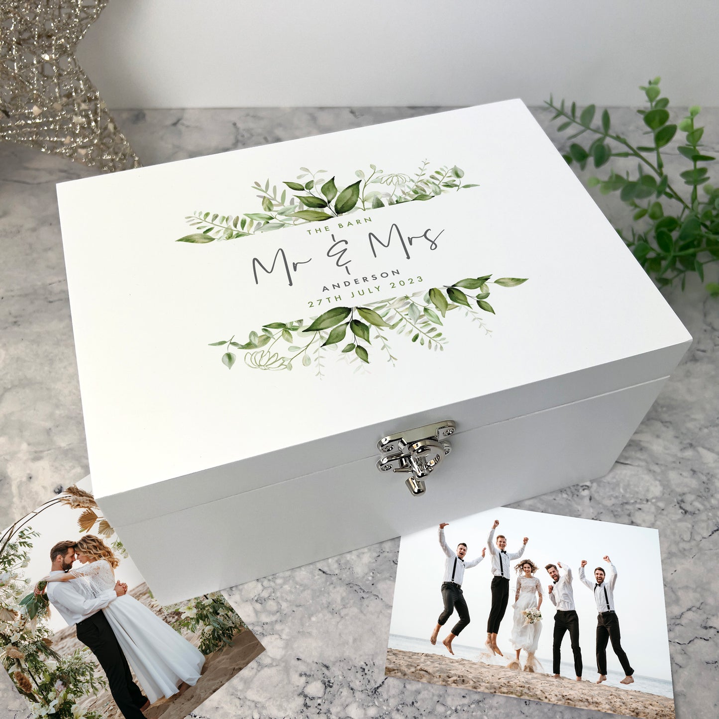 Personalised Botanical Wedding White Wooden Keepsake Memory Box - 3 Sizes (22cm | 27cm | 30cm)