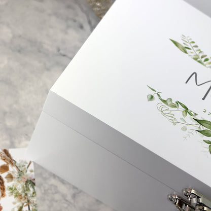 Personalised Botanical Wedding White Wooden Keepsake Memory Box - 3 Sizes (22cm | 27cm | 30cm)