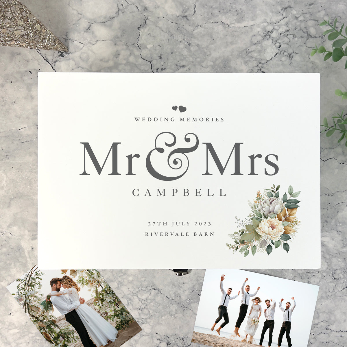 Personalised Wooden Boho Wedding White Wooden Keepsake Memory Box - 3 Sizes  (22cm | 27cm | 30cm)