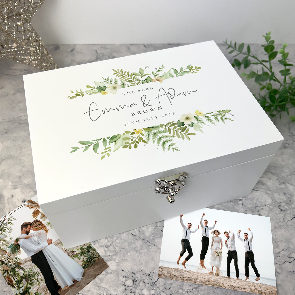 Personalised Yellow & Green Floral Wedding White Wooden Keepsake Memory Box - 3 Sizes (22cm | 27cm | 30cm)