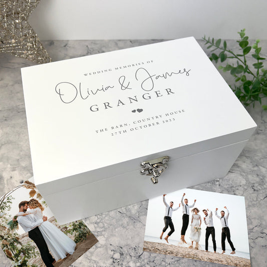 Personalised Wedding Keepsake White Wooden Keepsake Memory Box - 3 Sizes (22cm | 27cm | 30cm)