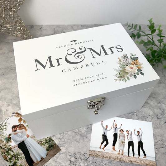Personalised Wooden Boho Wedding White Wooden Keepsake Memory Box - 3 Sizes  (22cm | 27cm | 30cm)