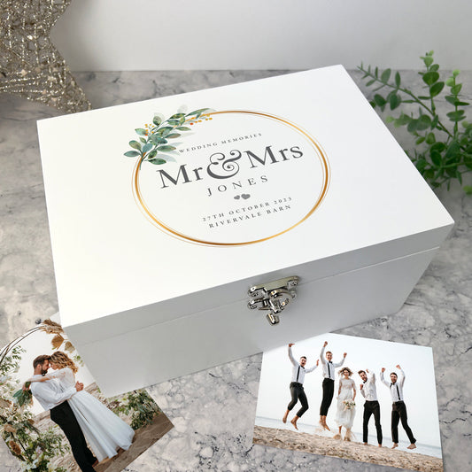 Personalised Wreath Wedding White Wooden Keepsake Memory Box - 3 Sizes (22cm | 27cm | 30cm)