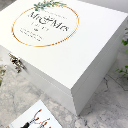 Personalised Wreath Wedding White Wooden Keepsake Memory Box - 3 Sizes (22cm | 27cm | 30cm)