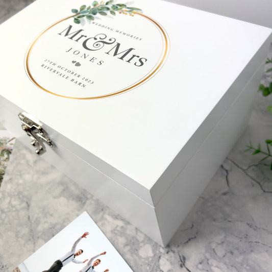 Personalised Wreath Wedding White Wooden Keepsake Memory Box - 3 Sizes (22cm | 27cm | 30cm)