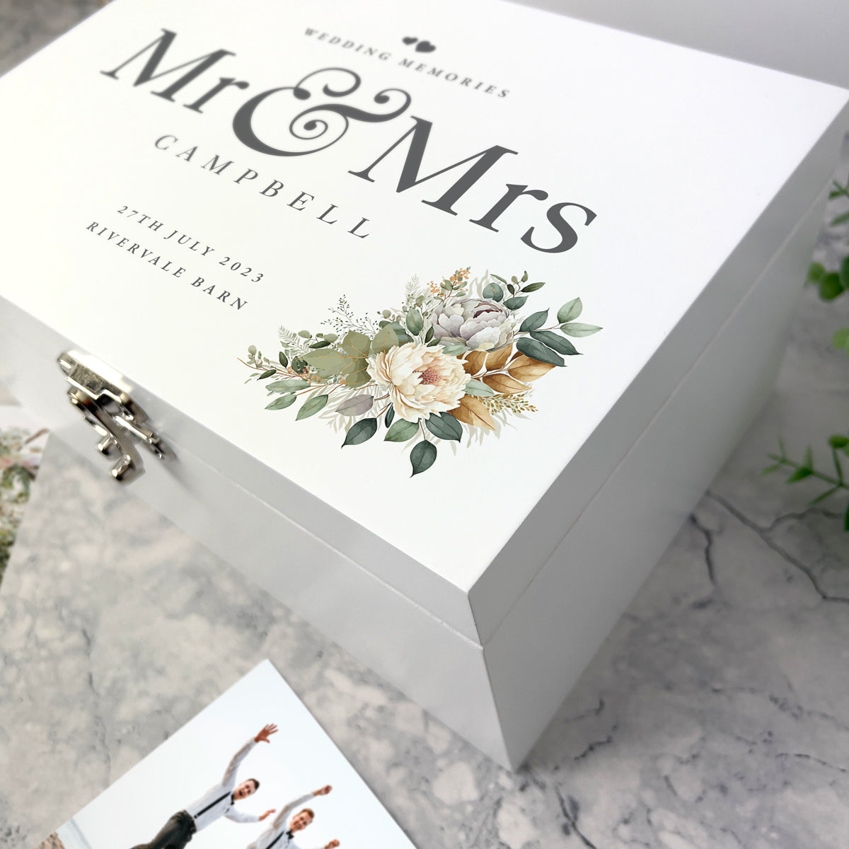 Personalised Wooden Boho Wedding White Wooden Keepsake Memory Box - 3 Sizes  (22cm | 27cm | 30cm)