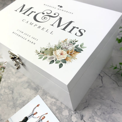 Personalised Wooden Boho Wedding White Wooden Keepsake Memory Box - 3 Sizes  (22cm | 27cm | 30cm)