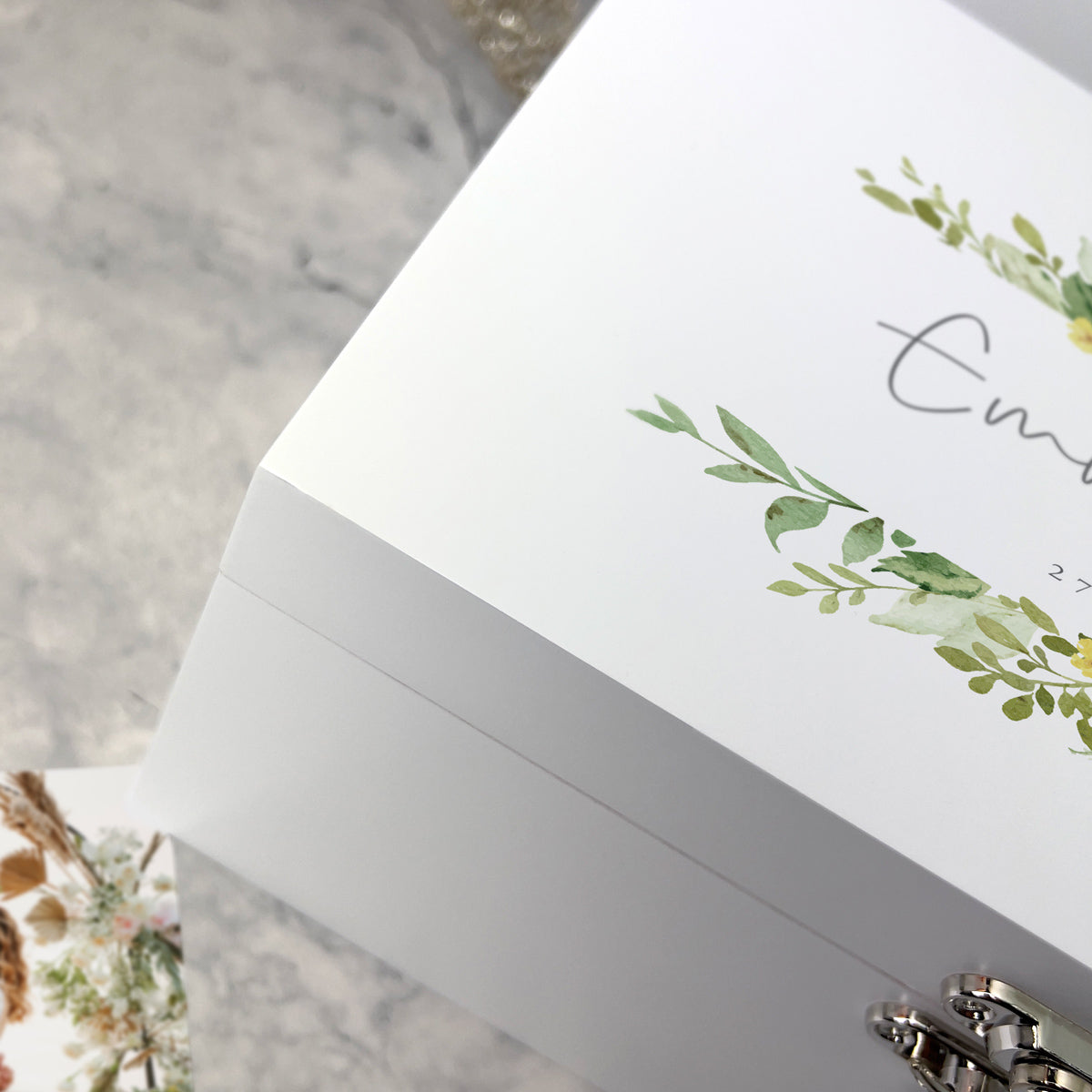 Personalised Yellow & Green Floral Wedding White Wooden Keepsake Memory Box - 3 Sizes (22cm | 27cm | 30cm)