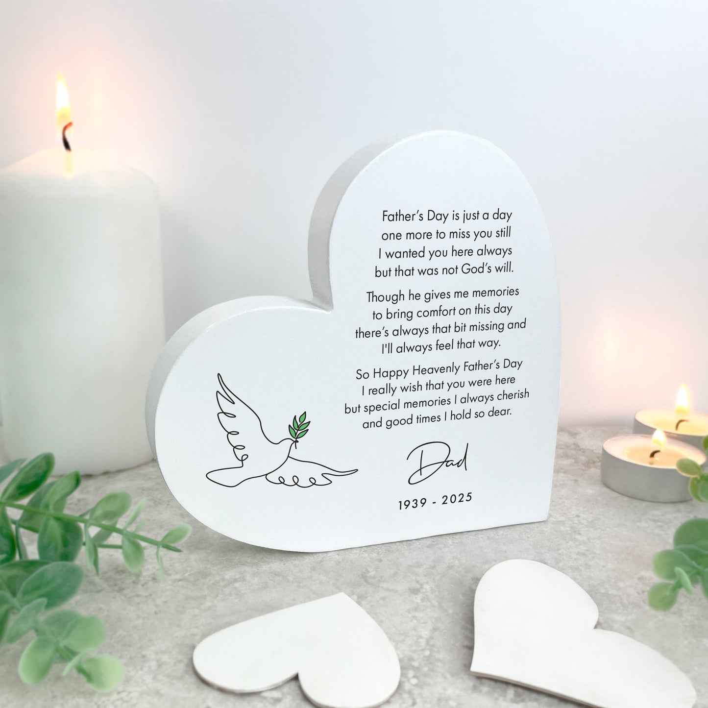 Personalised Happy Heavenly Father's Day White Freestanding Heart