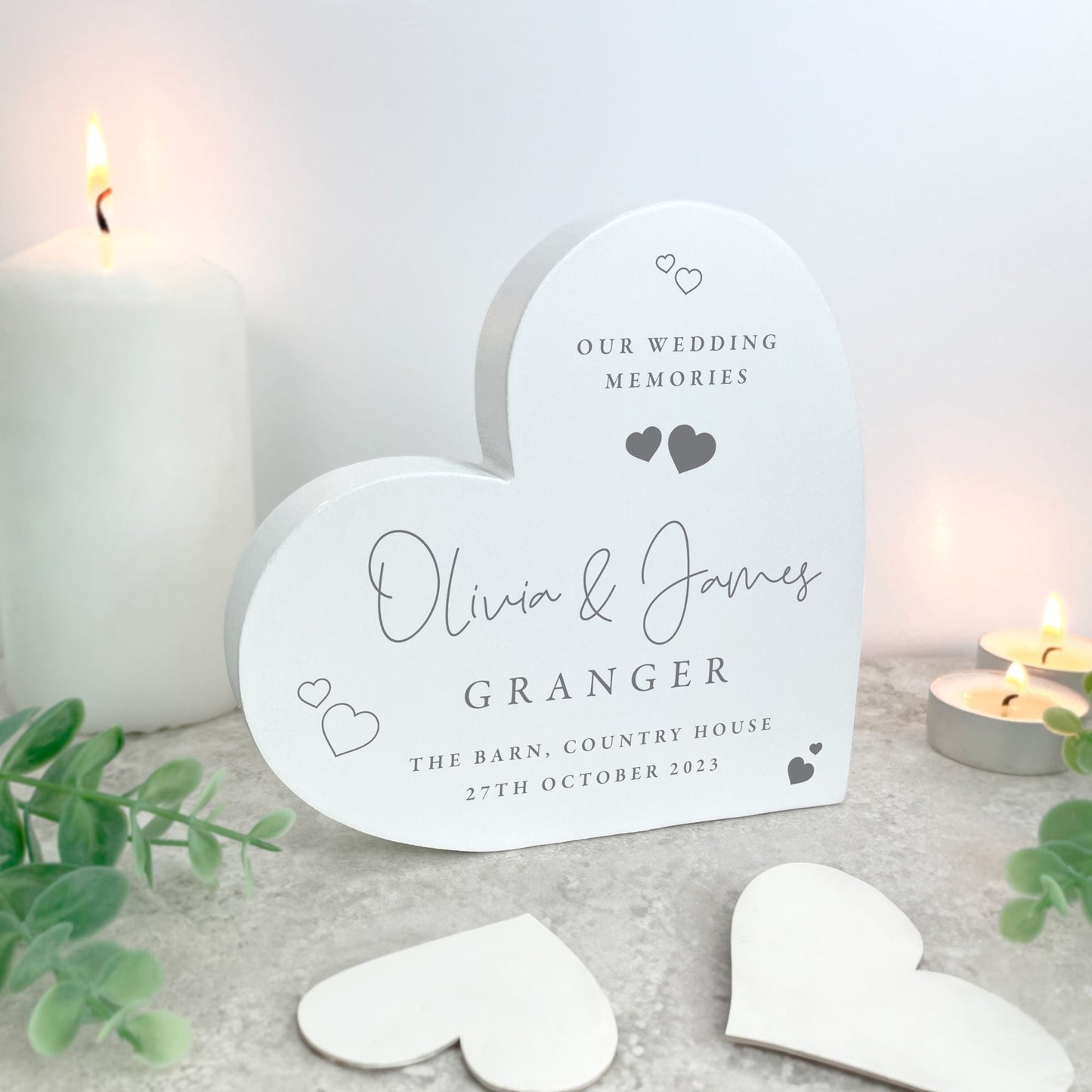 Personalised Wedding Script Text White Freestanding Heart