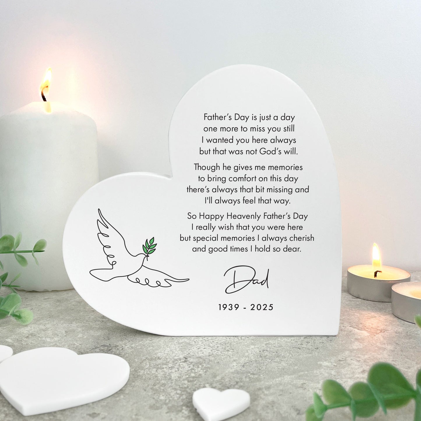 Personalised Happy Heavenly Father's Day White Freestanding Heart