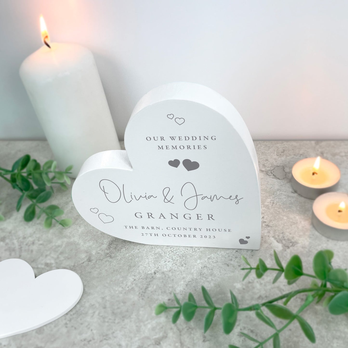 Personalised Wedding Script Text White Freestanding Heart