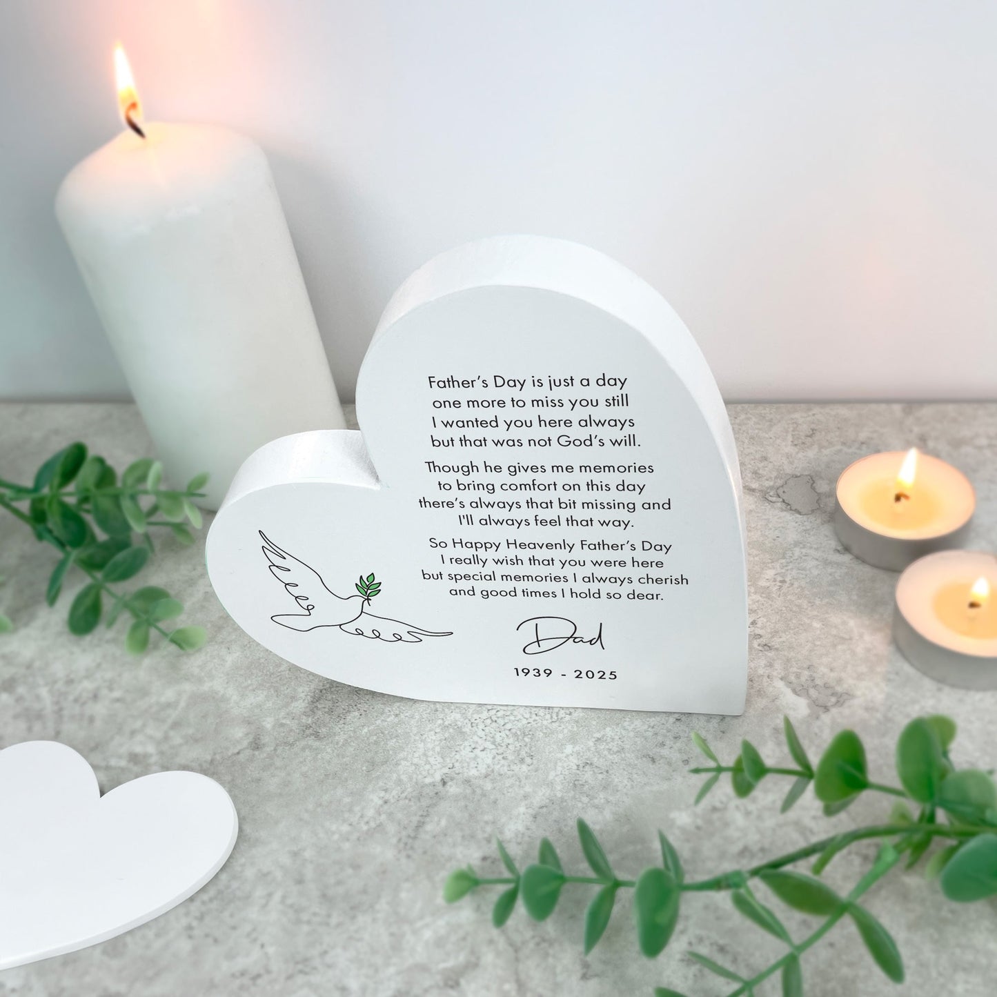 Personalised Happy Heavenly Father's Day White Freestanding Heart