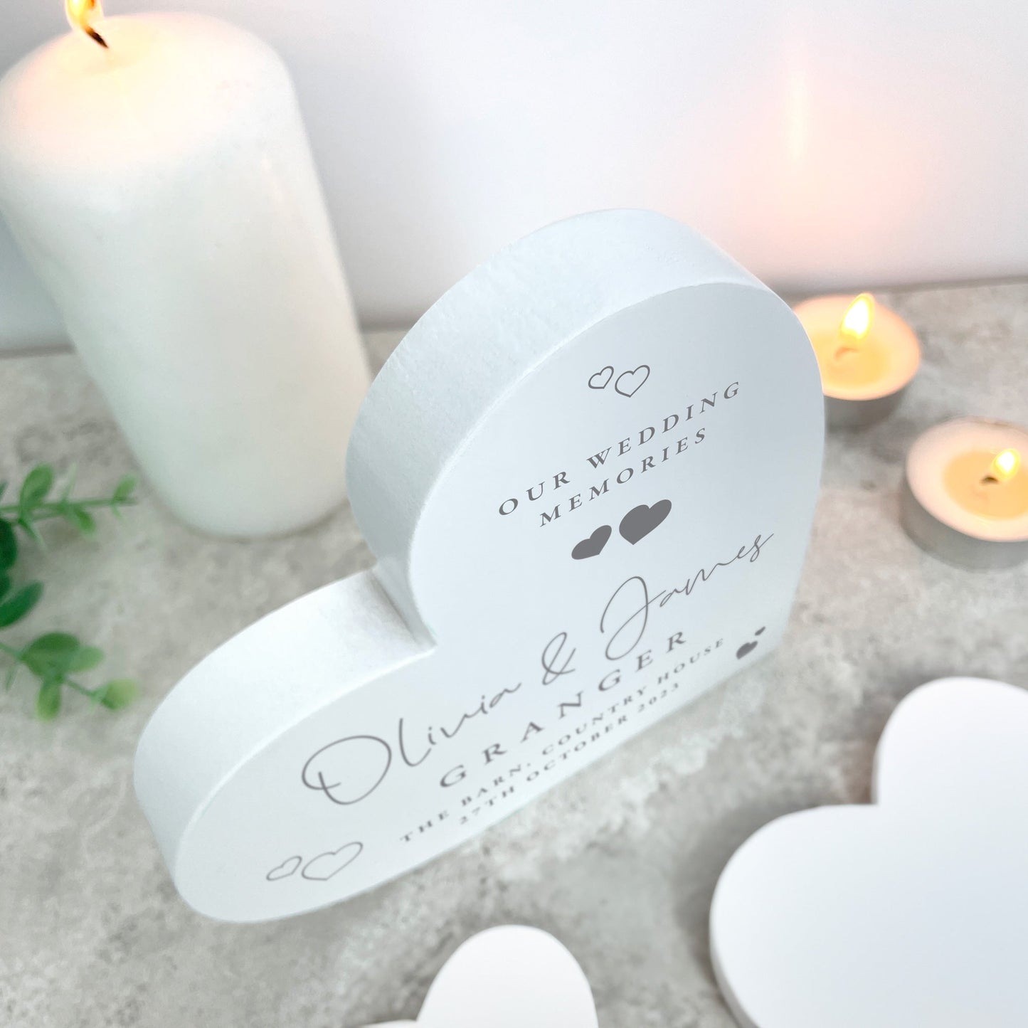 Personalised Wedding Script Text White Freestanding Heart