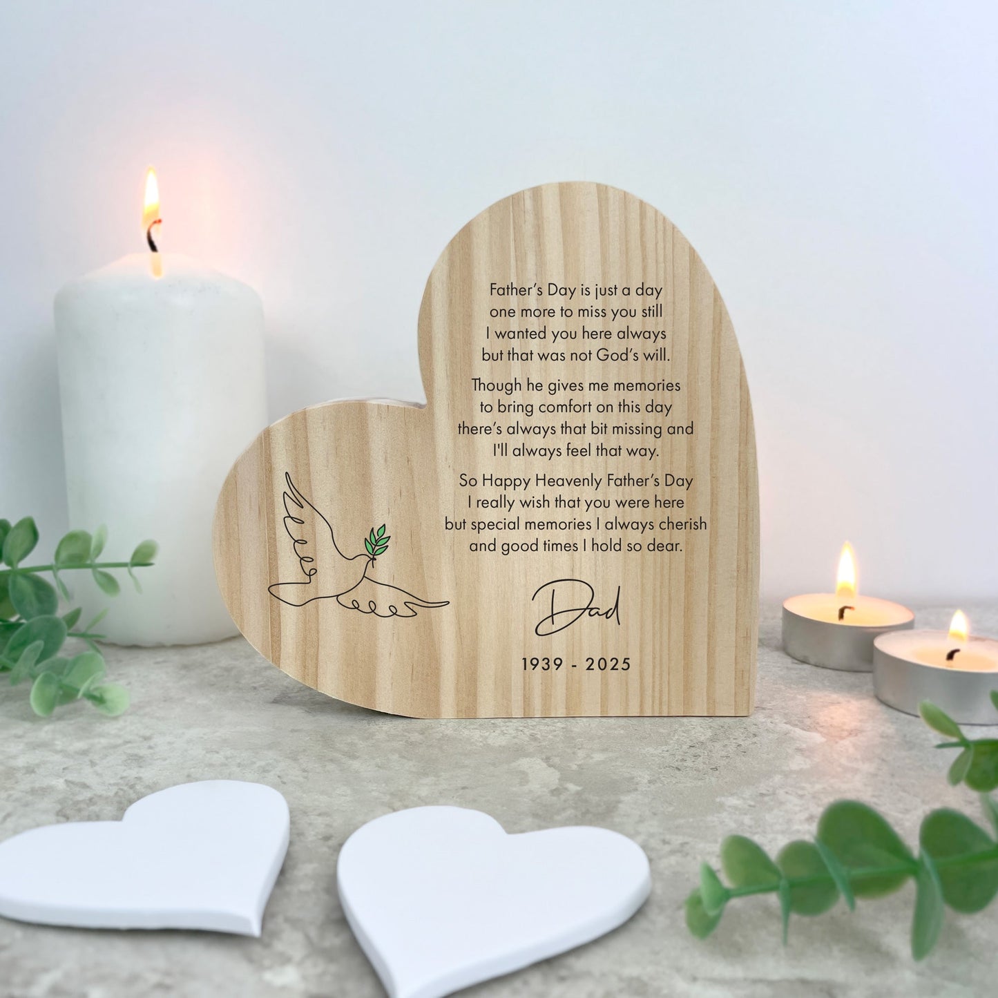 Personalised Happy Heavenly Father's Day Wooden Freestanding Heart