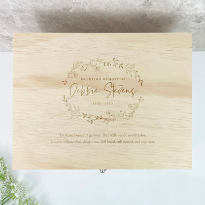 Personalised Pine Wooden Engraved Wreath Keepsake Memory Box - 5 Sizes