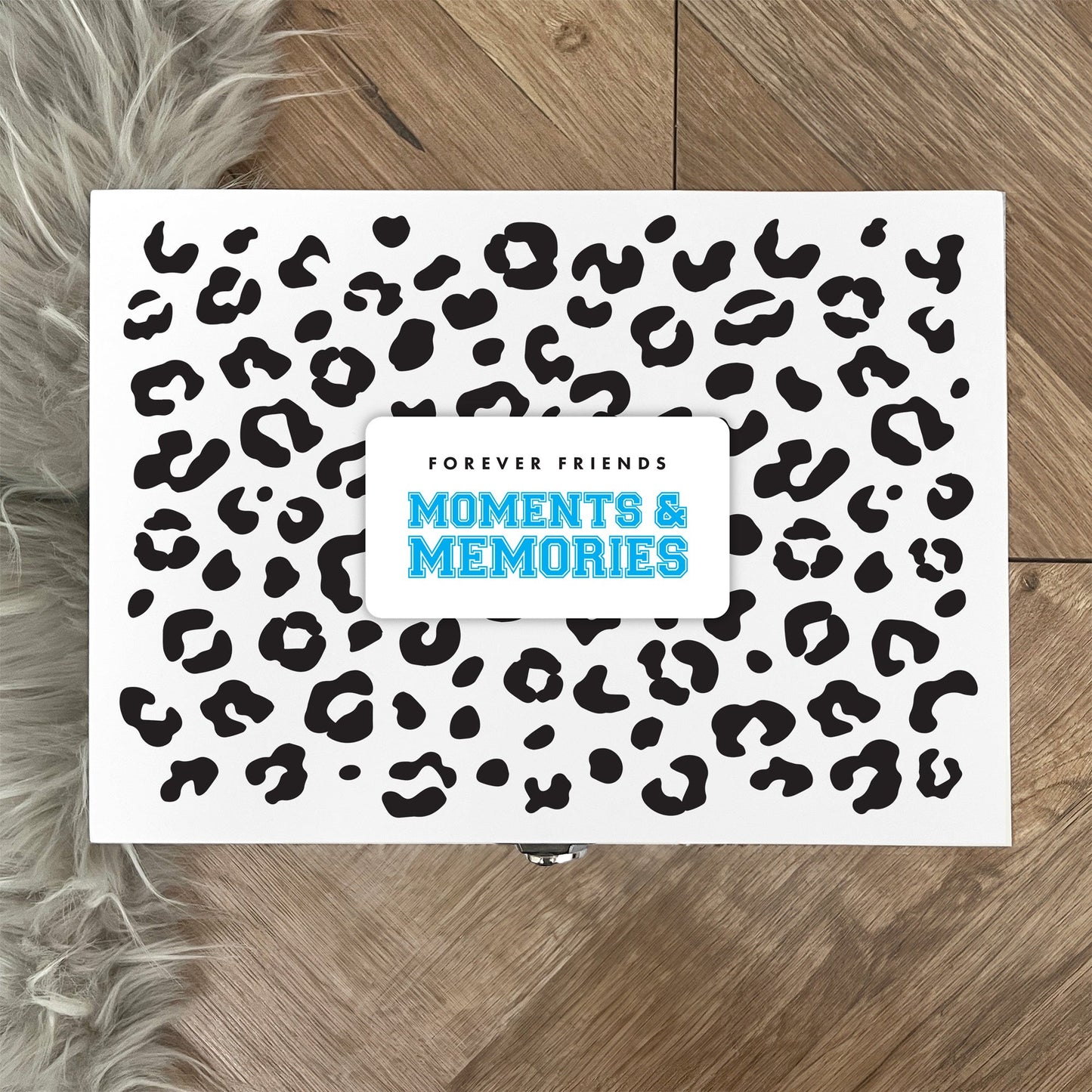 Personalised Leopard Print White Wooden Memory Box - Moments & Memories | Birthday Gift for Friends