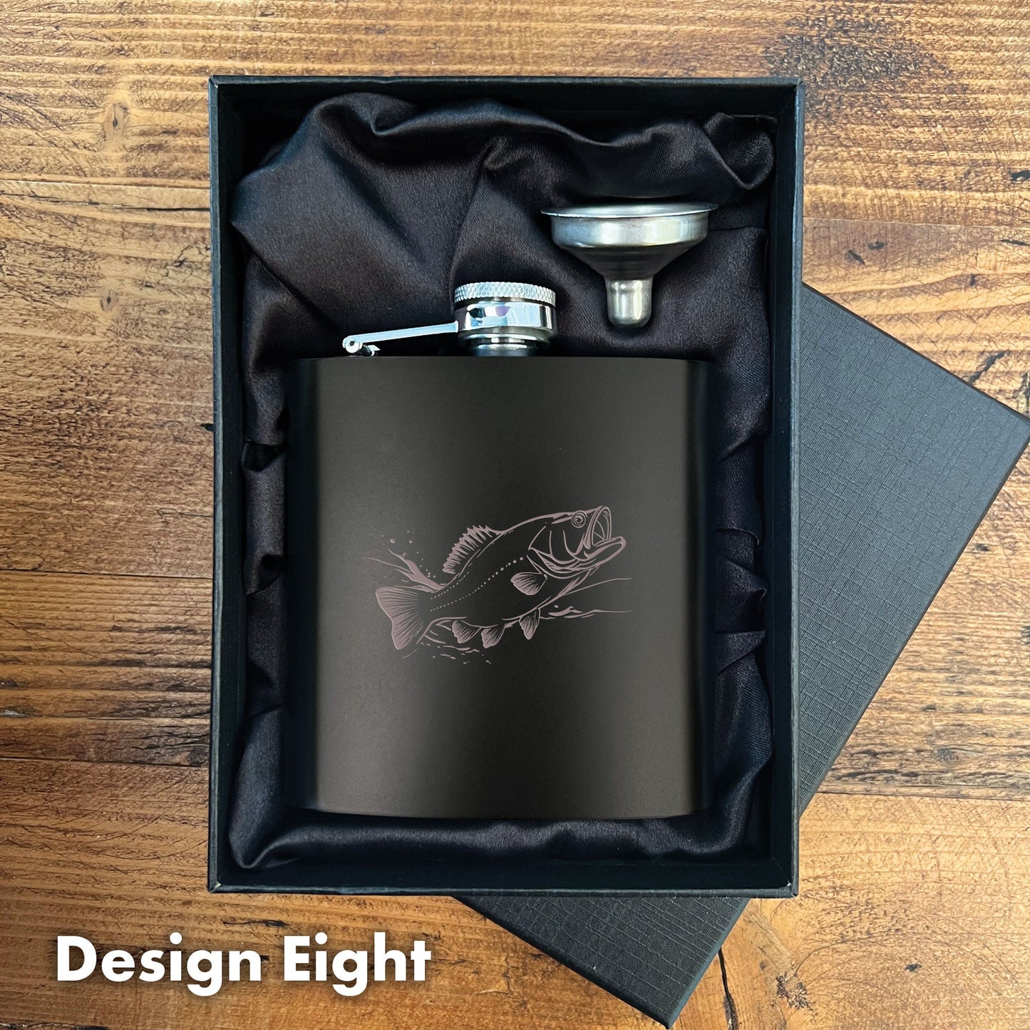 Engraved Fishing Black Metal Hip Flask 6oz | 8 Designs | Birthday Gifts for Him | Father's Day