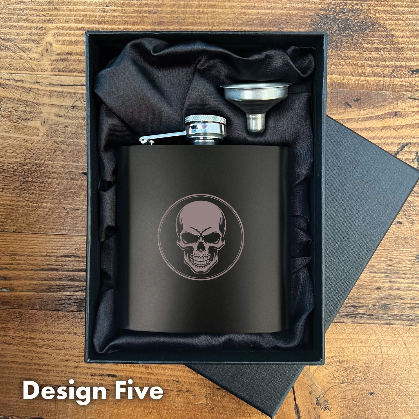 Engraved Skull Black Metal Hip Flask 6oz - 5 Designs | Birthday Gifts For Him, Father's Day